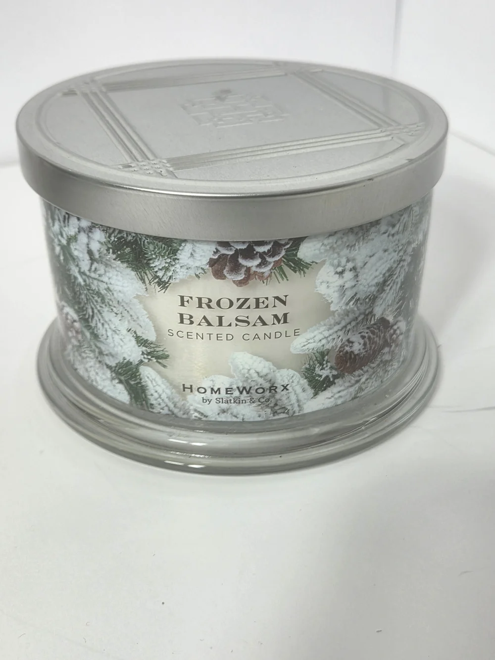 homeworx by slatkin co Frozen balsam 4 wick scented candle white jar